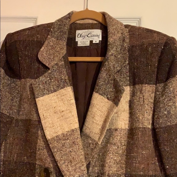 Oleg Cassini Brown & Beige Wool Plaid Checkered Speckled Single Breasted Blazer - Picture 3 of 13